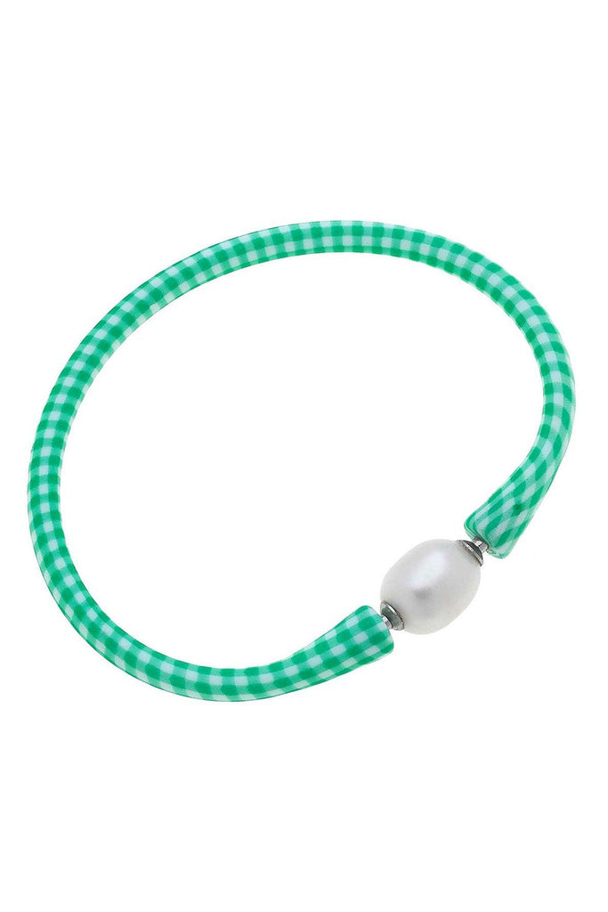 Bali Freshwater Pearl Silicone Bracelet in Green Gingham - Canvas Style