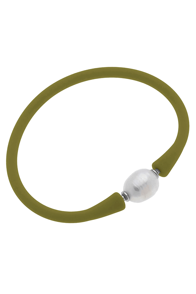 Bali Freshwater Pearl Silicone Bracelet in Olive - Canvas Style