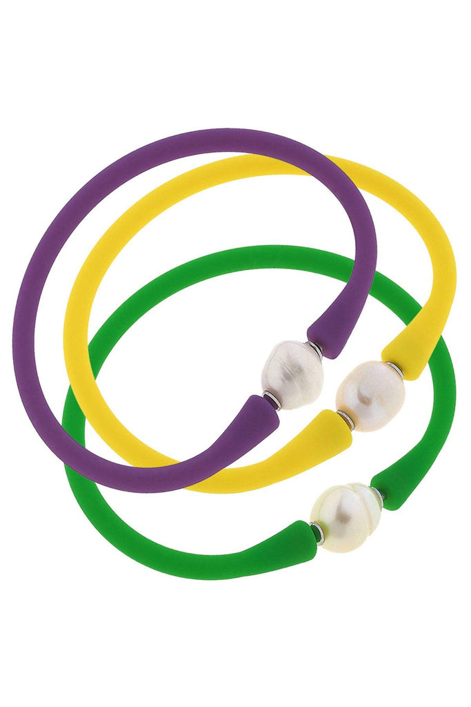 Bali Freshwater Pearl Silicone Bracelet Mardi Gras Stack of 3 in Purple, Green & Yellow - Canvas Style