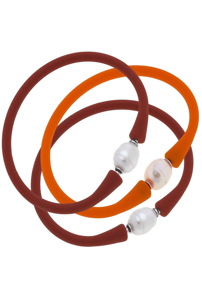 Bali Freshwater Pearl Silicone Bracelet Pumpkin Spice Stack of 3 in Rust & Orange - Canvas Style