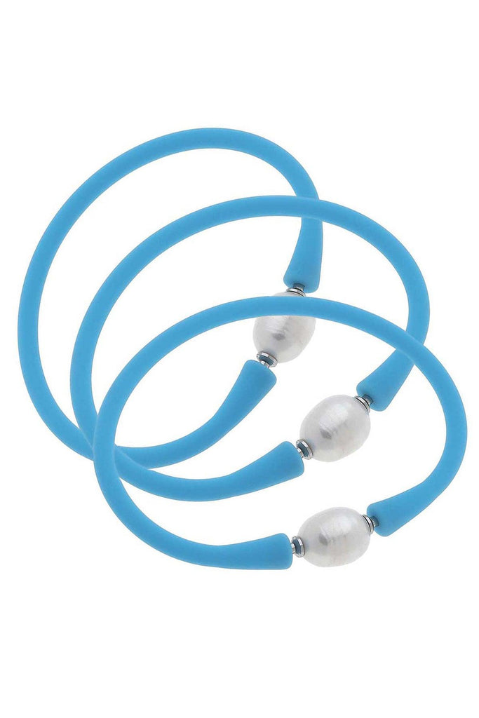 Bali Freshwater Pearl Silicone Bracelet Set of 3 in Aqua - Canvas Style