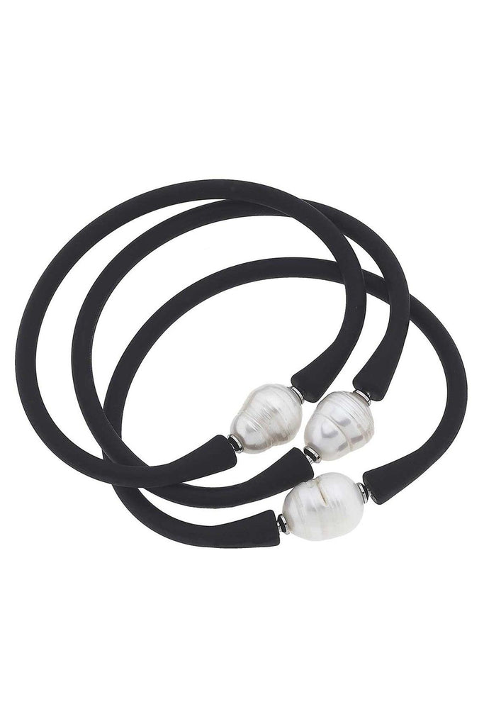 Bali Freshwater Pearl Silicone Bracelet Set of 3 in Black - Canvas Style