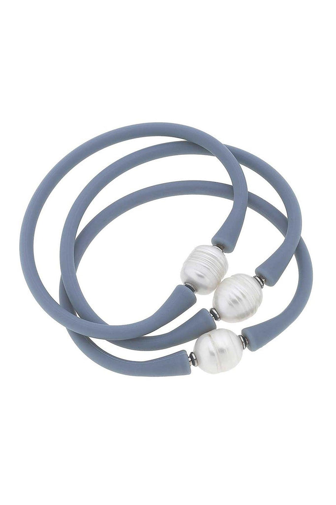 Bali Freshwater Pearl Silicone Bracelet Set of 3 in Blue Grey - Canvas Style