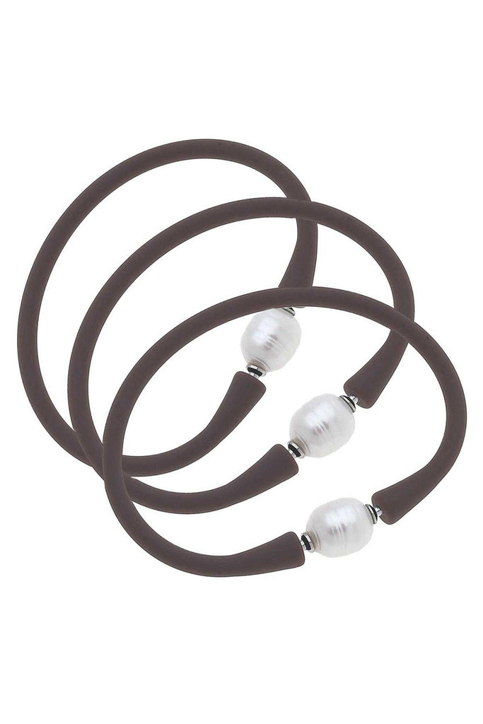 Bali Freshwater Pearl Silicone Bracelet Set of 3 in Chocolate Brown - Canvas Style