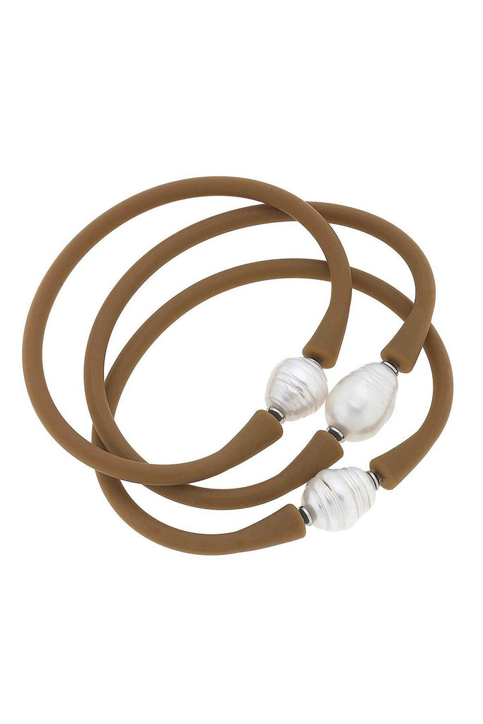 Bali Freshwater Pearl Silicone Bracelet Set of 3 in Cocoa - Canvas Style
