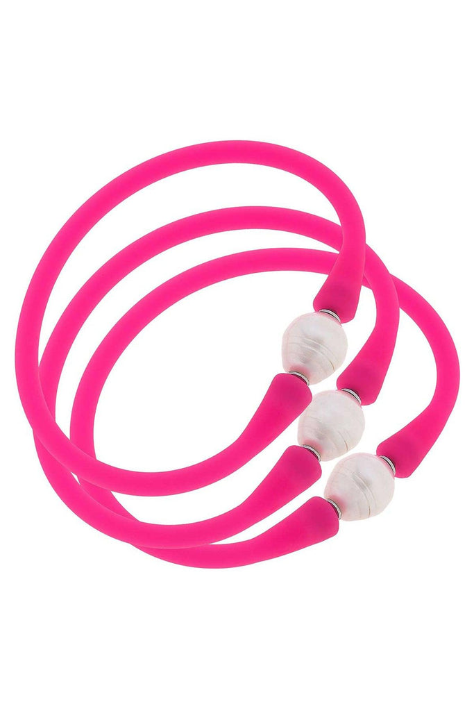 Bali Freshwater Pearl Silicone Bracelet Set of 3 in Fuchsia - Canvas Style