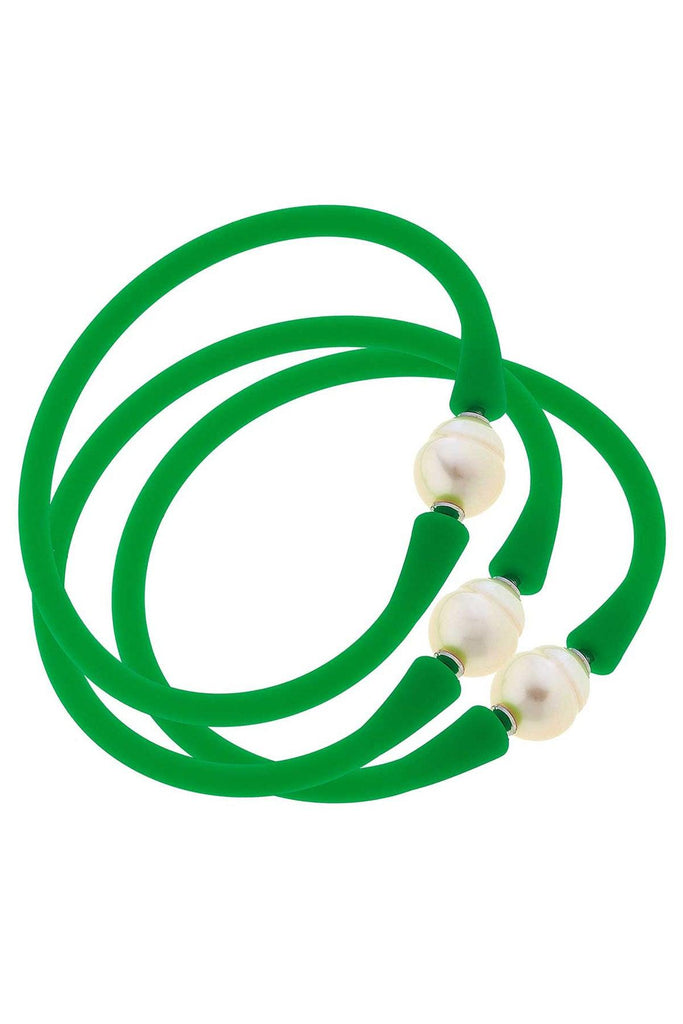 Bali Freshwater Pearl Silicone Bracelet Set of 3 in Green - Canvas Style