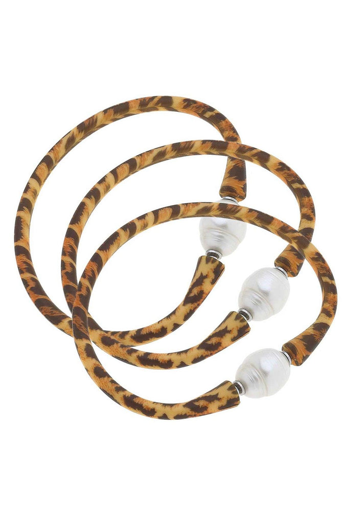 Bali Freshwater Pearl Silicone Bracelet Set of 3 in Leopard Print - Canvas Style