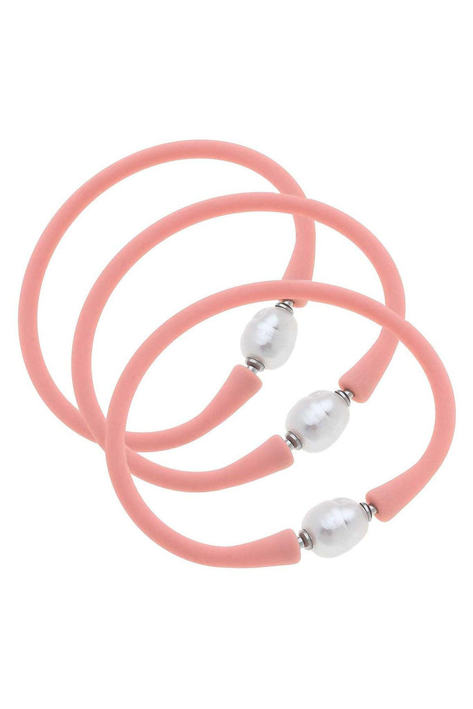 Bali Freshwater Pearl Silicone Bracelet Set of 3 in Light Pink - Canvas Style