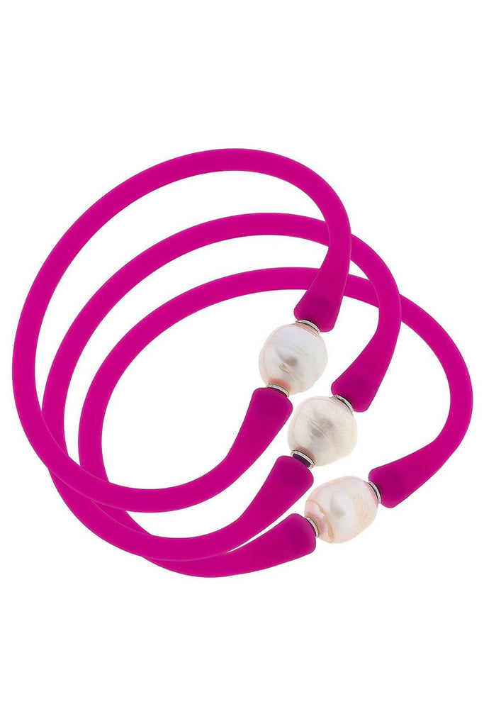 Bali Freshwater Pearl Silicone Bracelet Set of 3 in Magenta - Canvas Style