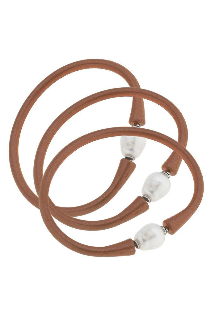 Bali Freshwater Pearl Silicone Bracelet Set of 3 in Metallic Bronze - Canvas Style