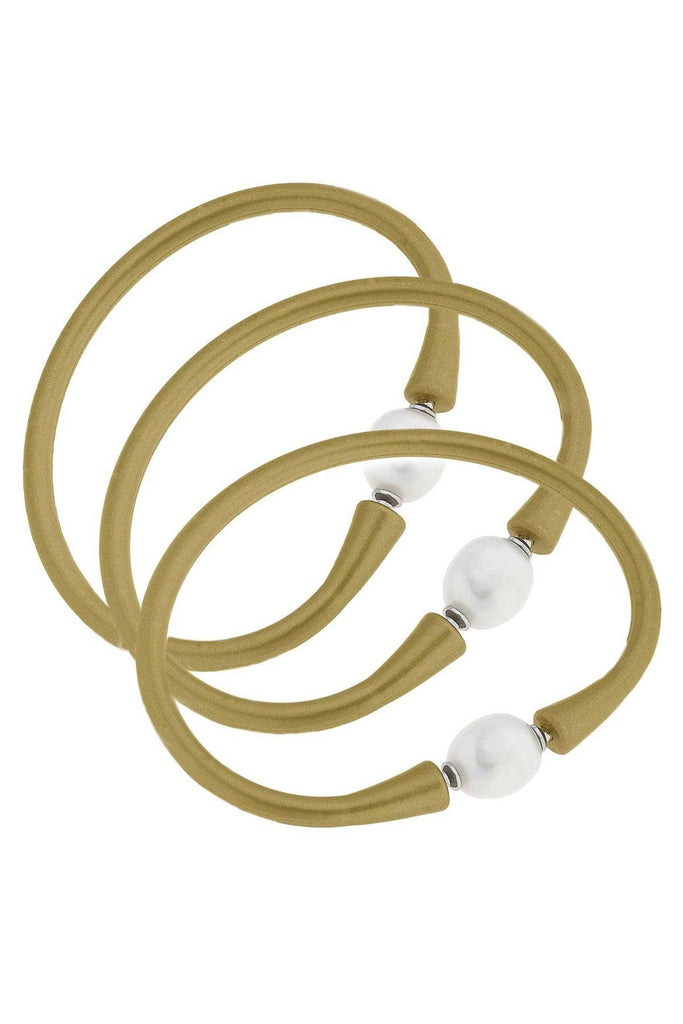 Bali Freshwater Pearl Silicone Bracelet Set of 3 in Metallic Gold - Canvas Style