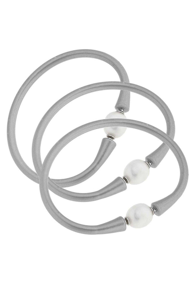 Bali Freshwater Pearl Silicone Bracelet Set of 3 in Metallic Silver - Canvas Style