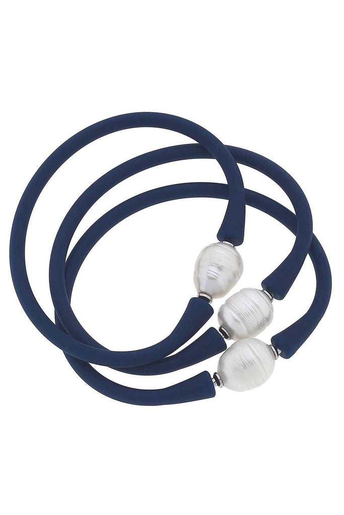 Bali Freshwater Pearl Silicone Bracelet Set of 3 in Navy - Canvas Style