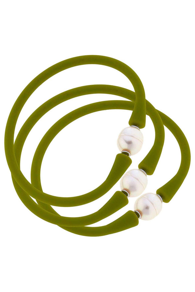 Bali Freshwater Pearl Silicone Bracelet Set of 3 in Peridot - Canvas Style