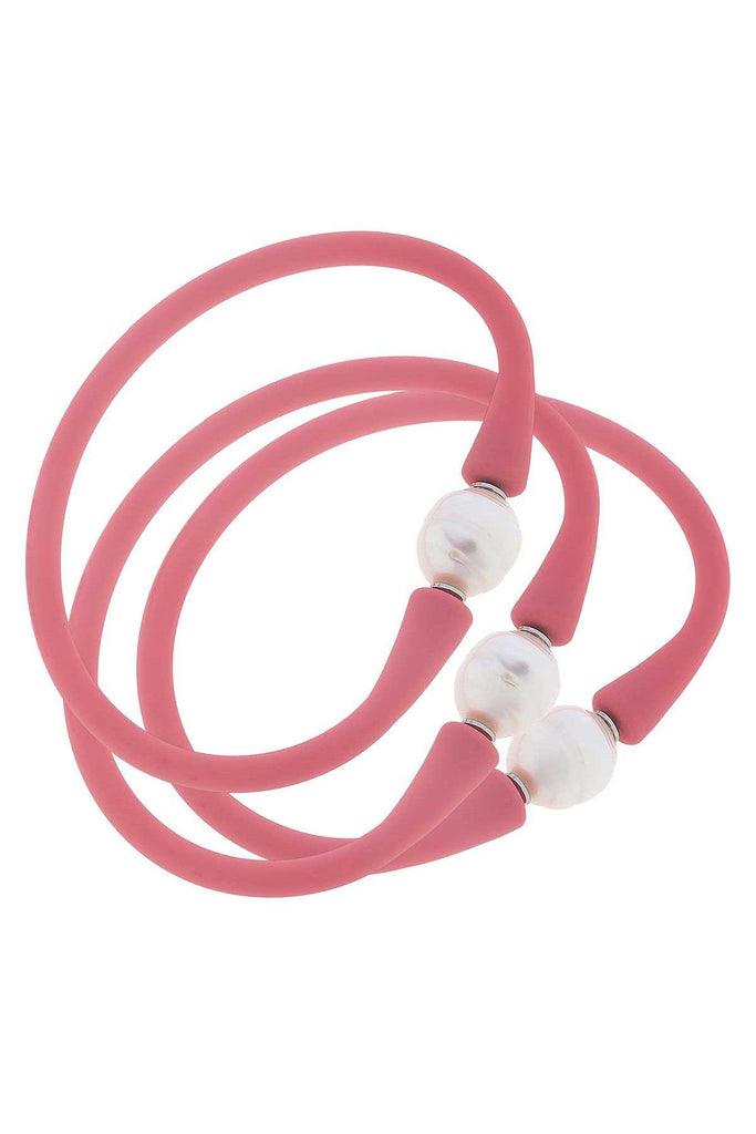 Bali Freshwater Pearl Silicone Bracelet Set of 3 in Pink - Canvas Style