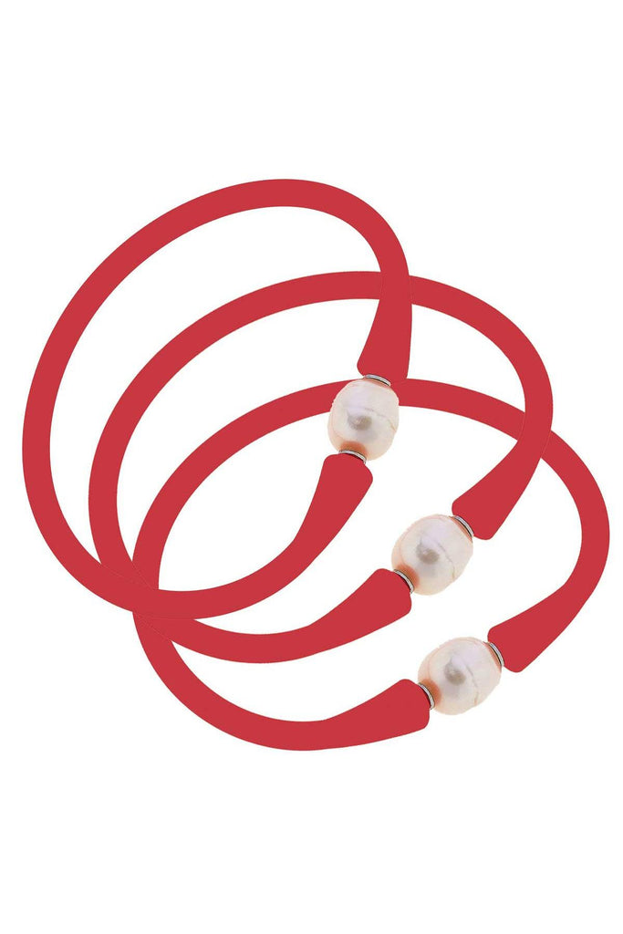Bali Freshwater Pearl Silicone Bracelet Set of 3 in Red - Canvas Style