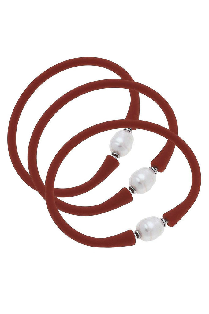 Bali Freshwater Pearl Silicone Bracelet Set of 3 in Rust - Canvas Style