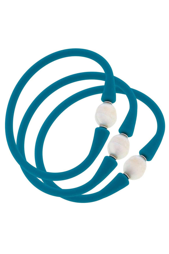 Bali Freshwater Pearl Silicone Bracelet Set of 3 in Teal - Canvas Style