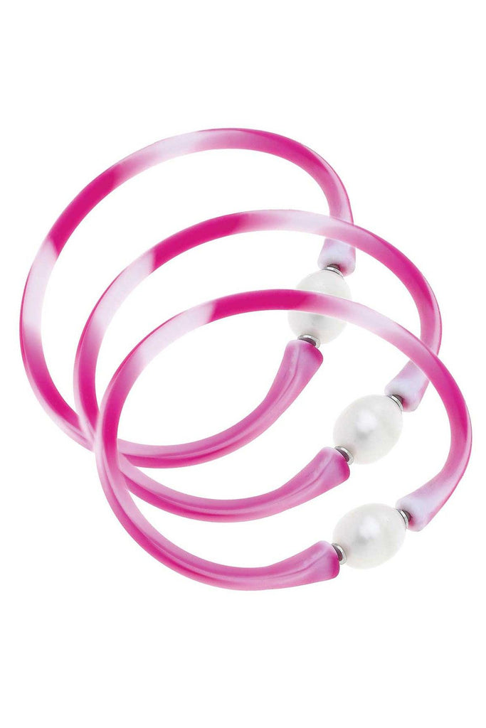 Bali Freshwater Pearl Silicone Bracelet Set of 3 in Tie Dye Pink - Canvas Style