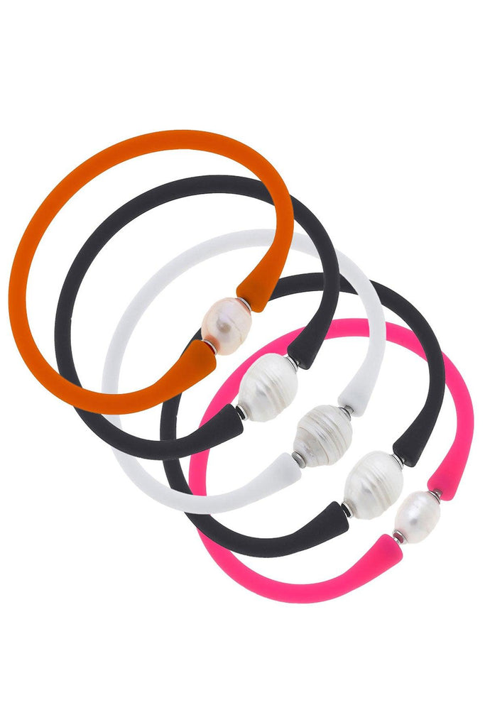 Bali Freshwater Pearl Silicone Bracelet Spinderella Stack of 5 in Orange, Black, White & Neon Pink - Canvas Style
