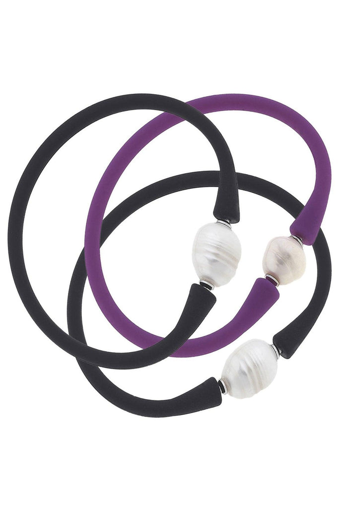 Bali Freshwater Pearl Silicone Bracelet Stack of 3 in Black & Purple - Canvas Style