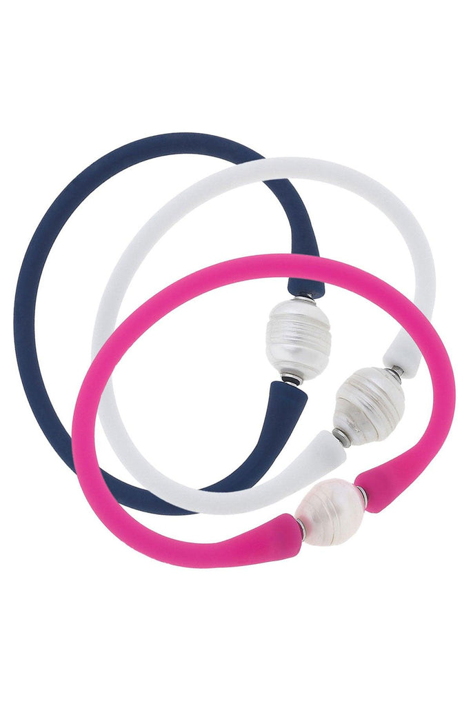 Bali Freshwater Pearl Silicone Bracelet Stack of 3 in Fuchsia, White & Navy - Canvas Style