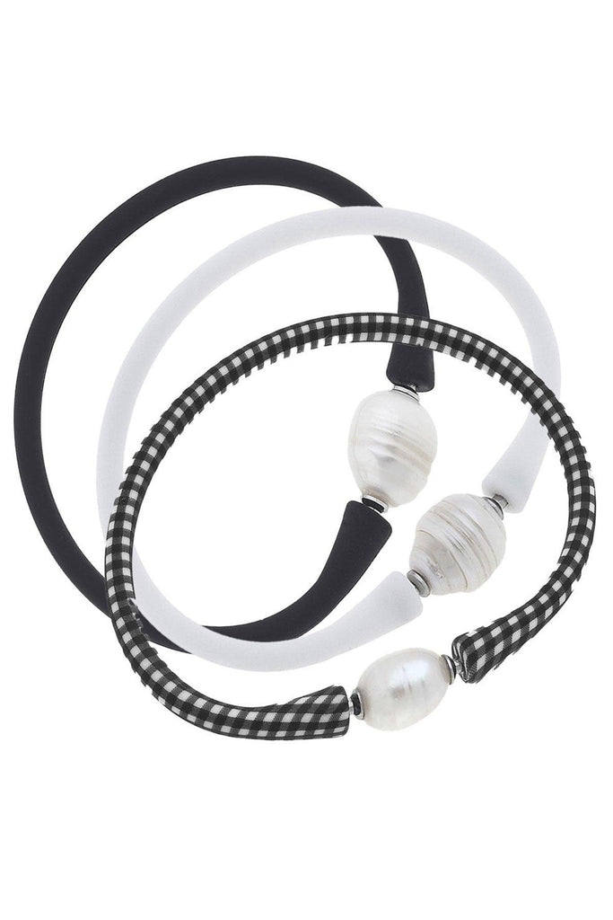 Bali Freshwater Pearl Silicone Bracelet Stack of 3 in Gingham Black, White & Black - Canvas Style