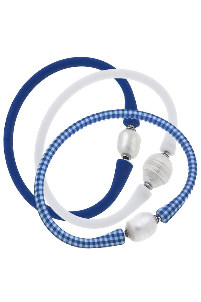 Bali Freshwater Pearl Silicone Bracelet Stack of 3 in Gingham Blue, White & Royal Blue - Canvas Style