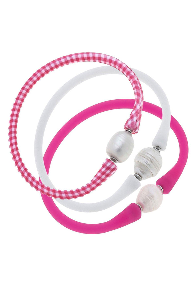 Bali Freshwater Pearl Silicone Bracelet Stack of 3 in Gingham Pink, White & Fuchsia - Canvas Style