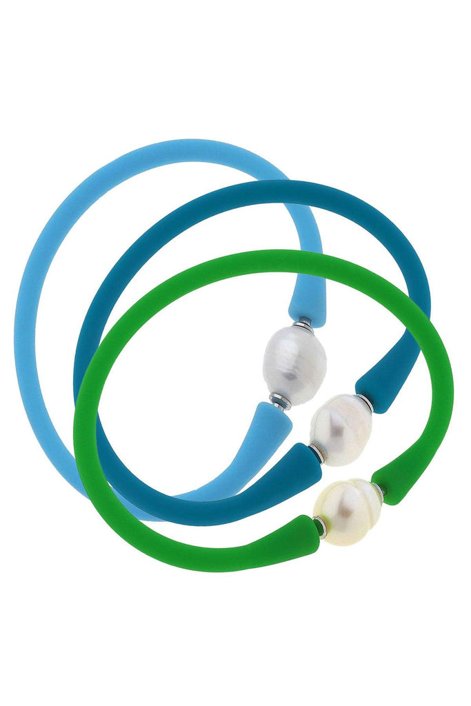 Bali Freshwater Pearl Silicone Bracelet Stack of 3 in Green, Teal & Aqua - Canvas Style