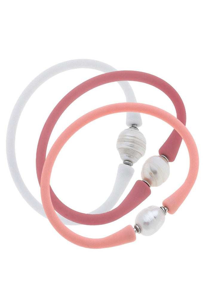 Bali Freshwater Pearl Silicone Bracelet Stack of 3 in Light Pink, Pink & White - Canvas Style