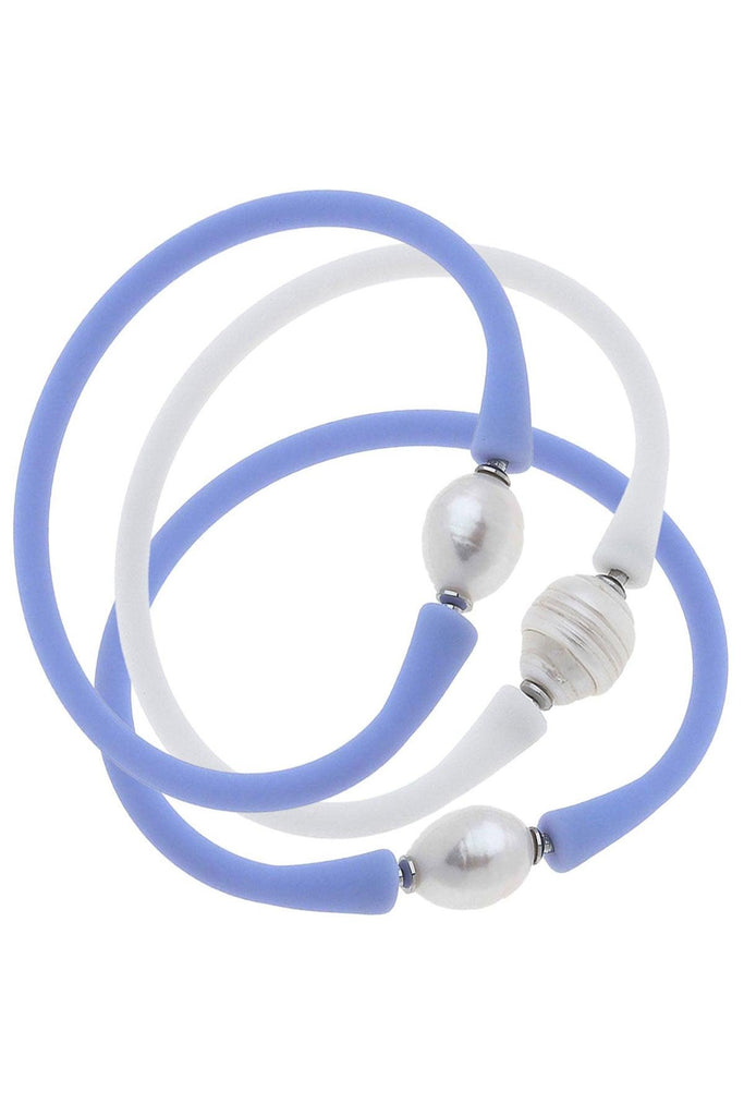 Bali Freshwater Pearl Silicone Bracelet Stack of 3 in Lilac & White - Canvas Style