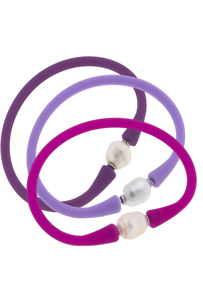 Bali Freshwater Pearl Silicone Bracelet Stack of 3 in Magenta, Lavender & Purple - Canvas Style