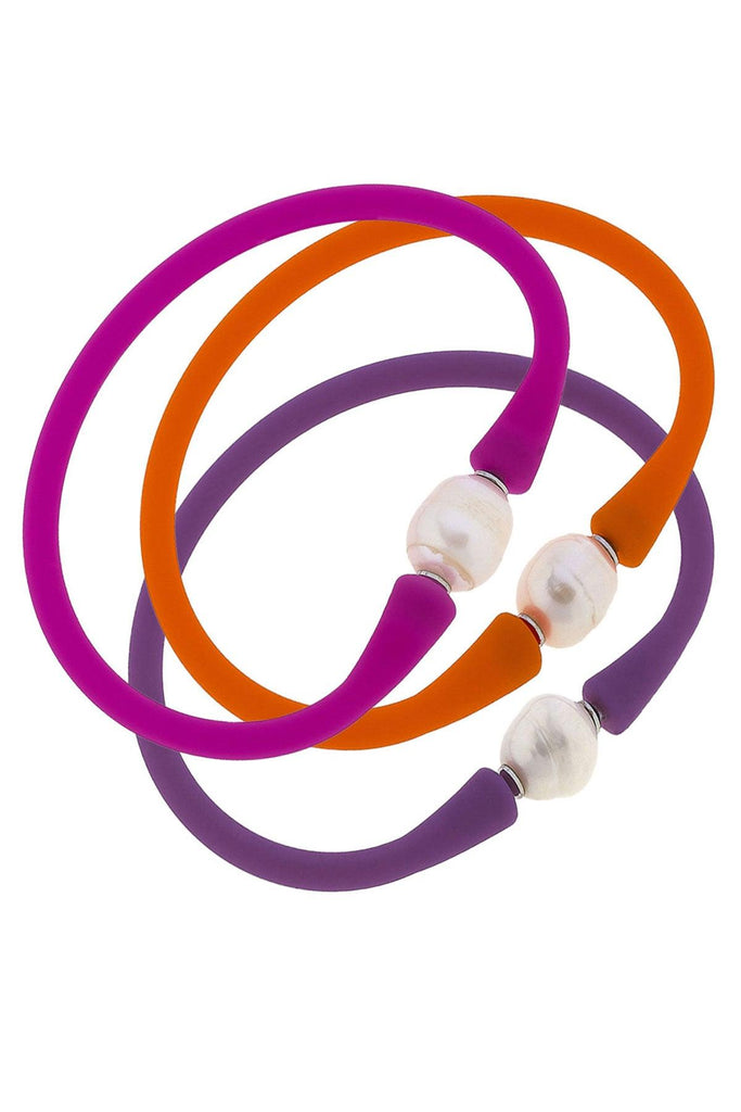Bali Freshwater Pearl Silicone Bracelet Stack of 3 in Magenta, Orange & Purple - Canvas Style