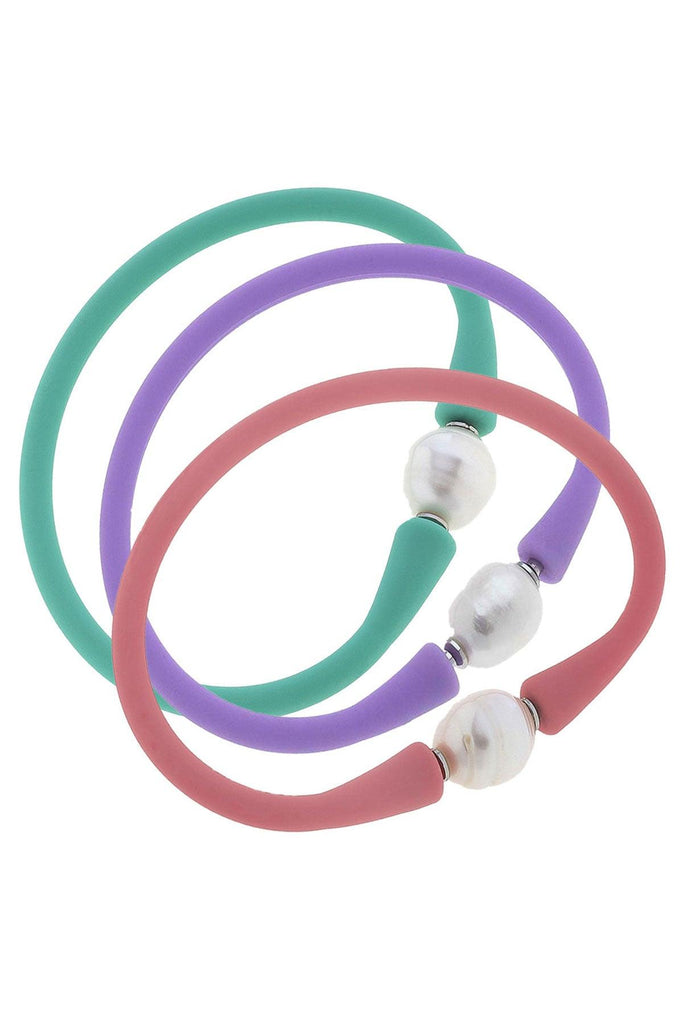 Bali Freshwater Pearl Silicone Bracelet Stack of 3 in Mint, Lavender & Pink - Canvas Style