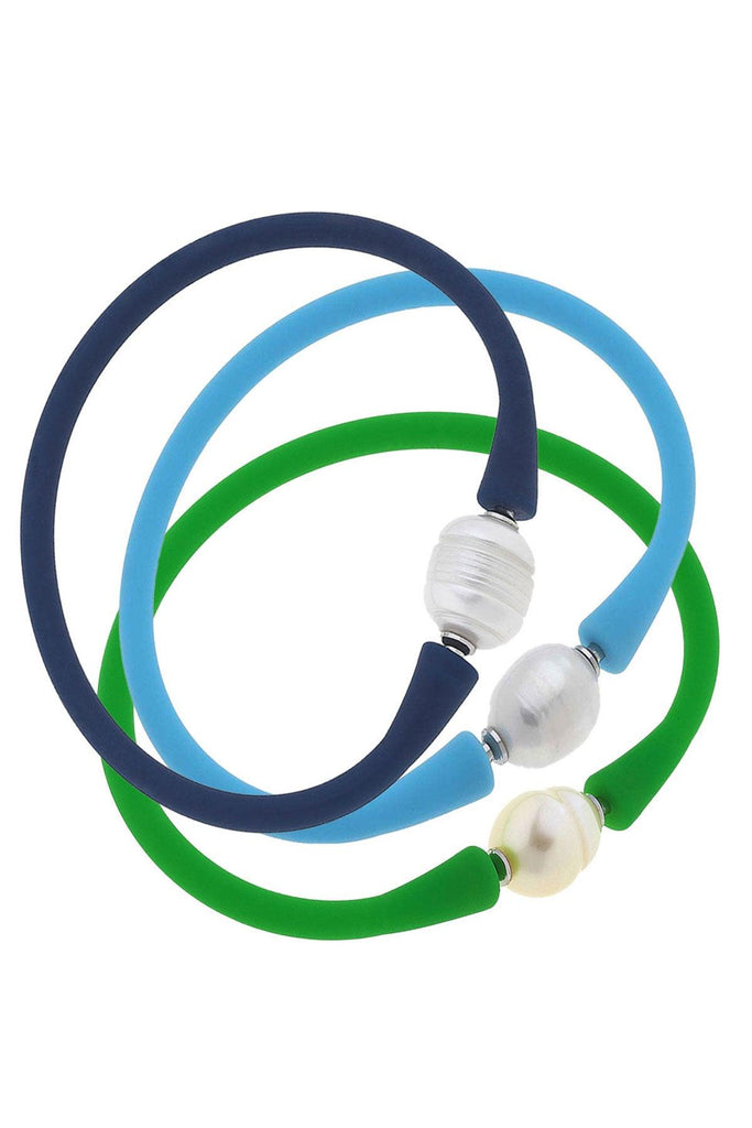 Bali Freshwater Pearl Silicone Bracelet Stack of 3 in Navy, Aqua & Green - Canvas Style