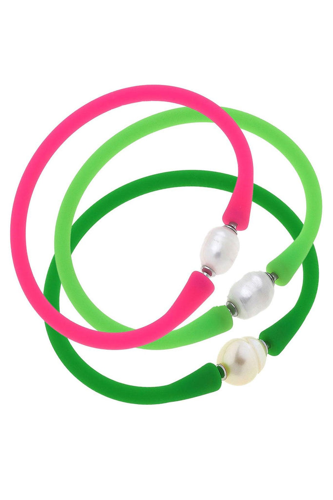 Bali Freshwater Pearl Silicone Bracelet Stack of 3 in Neon Pink, Neon Green & Green - Canvas Style