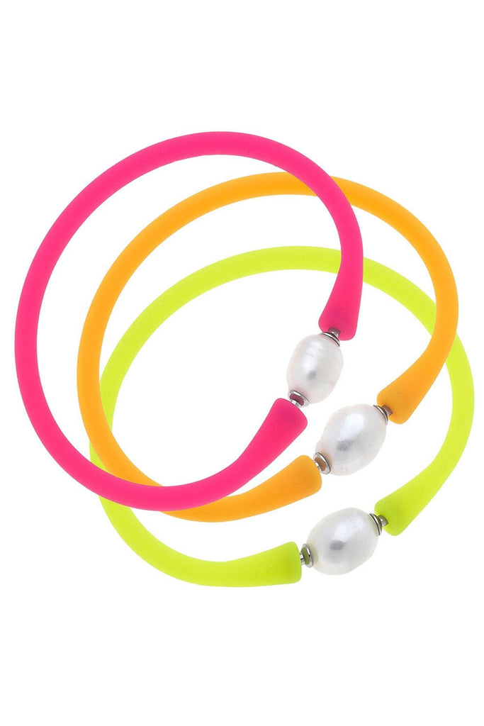 Bali Freshwater Pearl Silicone Bracelet Stack of 3 in Neon Pink, Neon Orange & Neon Yellow - Canvas Style