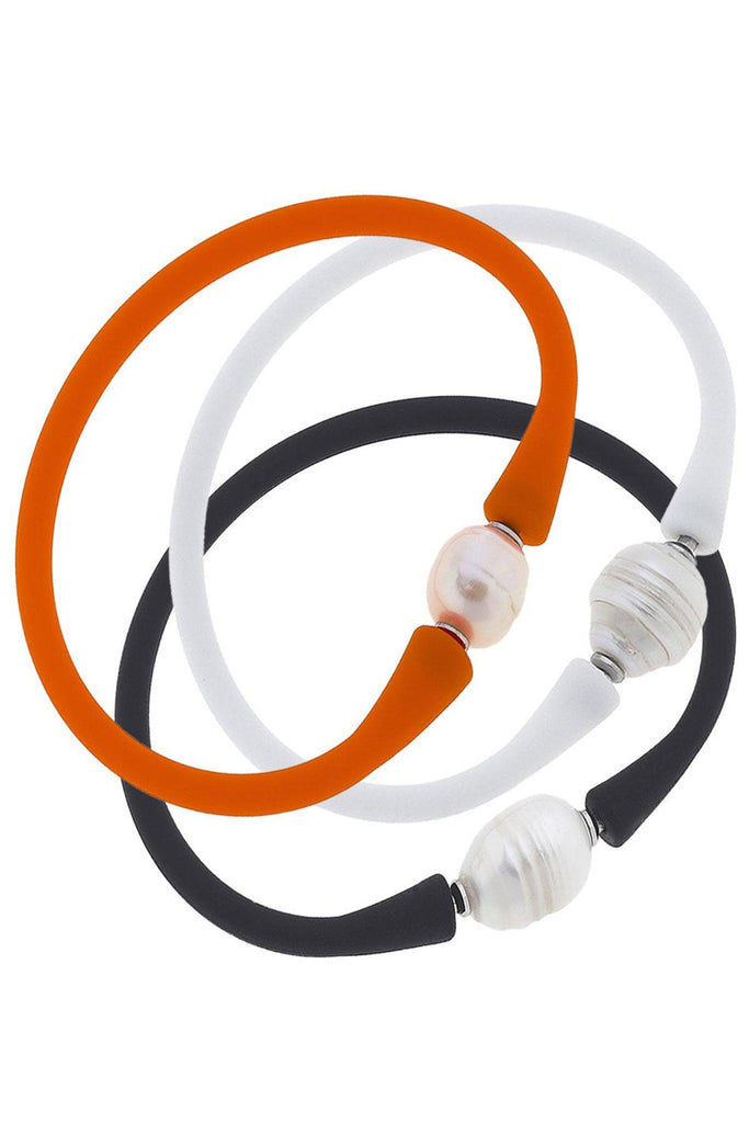 Bali Freshwater Pearl Silicone Bracelet Stack of 3 in Orange, White & Black - Canvas Style