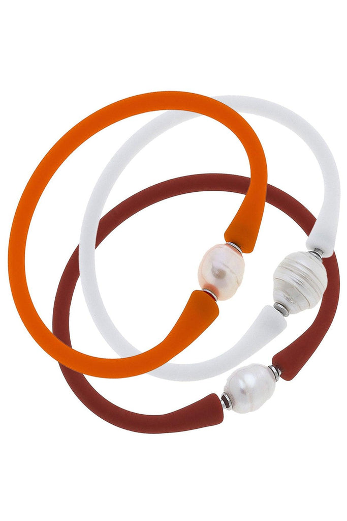Bali Freshwater Pearl Silicone Bracelet Stack of 3 in Orange, White & Rust - Canvas Style