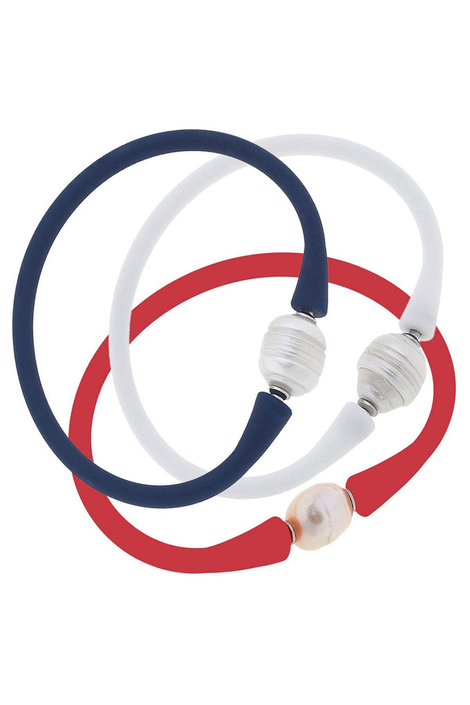 Bali Freshwater Pearl Silicone Bracelet Stack of 3 in Red, White & Navy - Canvas Style