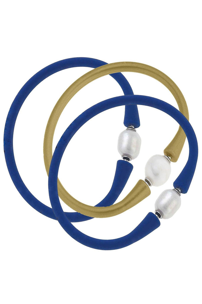Bali Freshwater Pearl Silicone Bracelet Stack of 3 in Royal Blue & Gold - Canvas Style