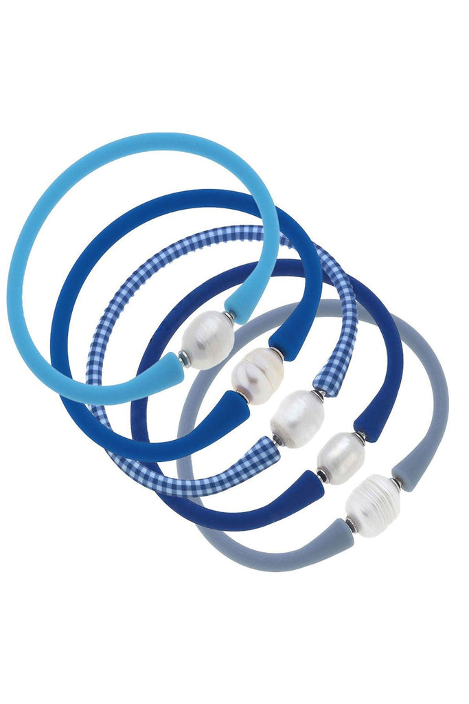 Bali Freshwater Pearl Silicone Bracelet Stack of 5 in Aqua, Blue, Blue Gingham, Royal Blue & Blue Grey - Canvas Style