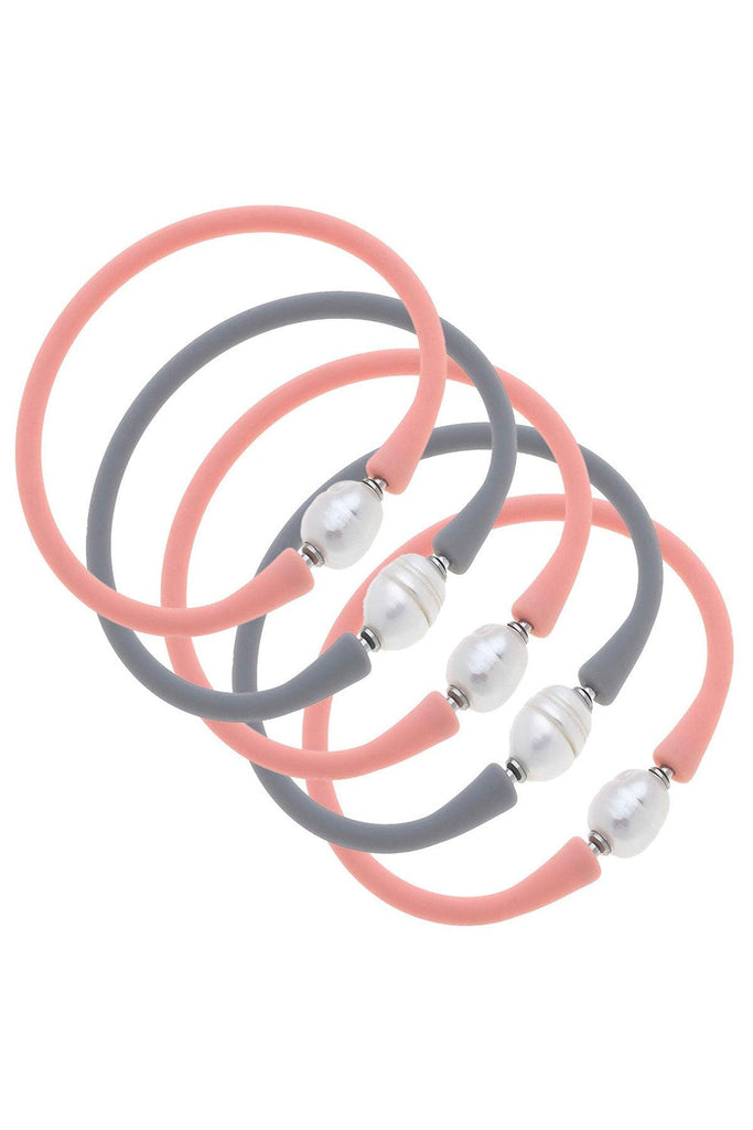 Bali Freshwater Pearl Silicone Bracelet Stack of 5 in Light Pink & Steel Grey - Canvas Style