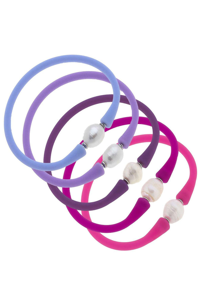 Bali Freshwater Pearl Silicone Bracelet Stack of 5 in Lilac, Lavender, Purple, Magenta & Fuchsia - Canvas Style