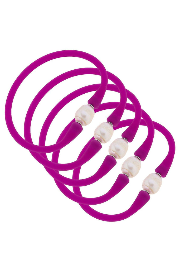 Bali Freshwater Pearl Silicone Bracelet Stack of 5 in Magenta - Canvas Style