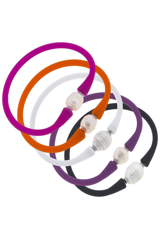Bali Freshwater Pearl Silicone Bracelet Stack of 5 in Magenta, Orange, White, Purple & Black - Canvas Style