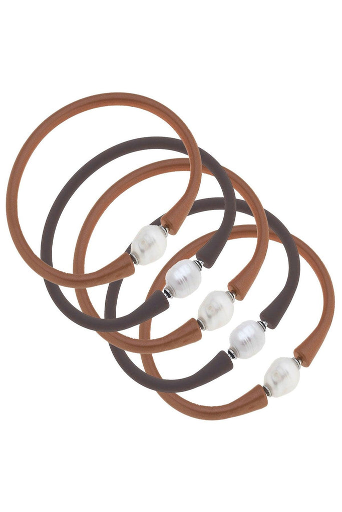 Bali Freshwater Pearl Silicone Bracelet Stack of 5 in Metallic Bronze & Chocolate - Canvas Style