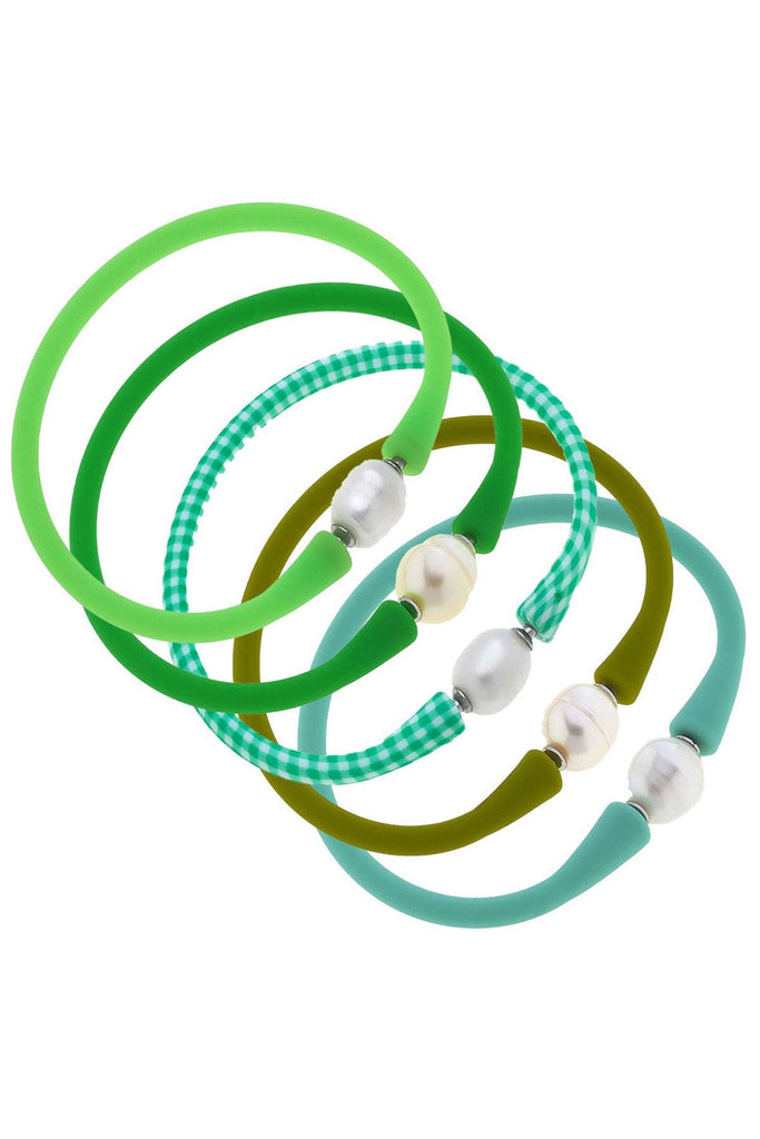 Bali Freshwater Pearl Silicone Bracelet Stack of 5 in Neon Green, Green, Green Gingham, Peridot & Mint - Canvas Style